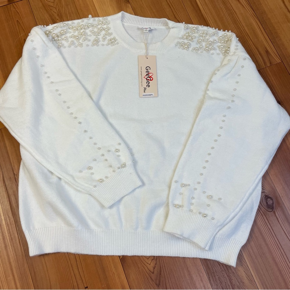 Pearl Embellished Knit Sweater Ivory Cream White Holiday Cozy GeeGee Plus 3XL